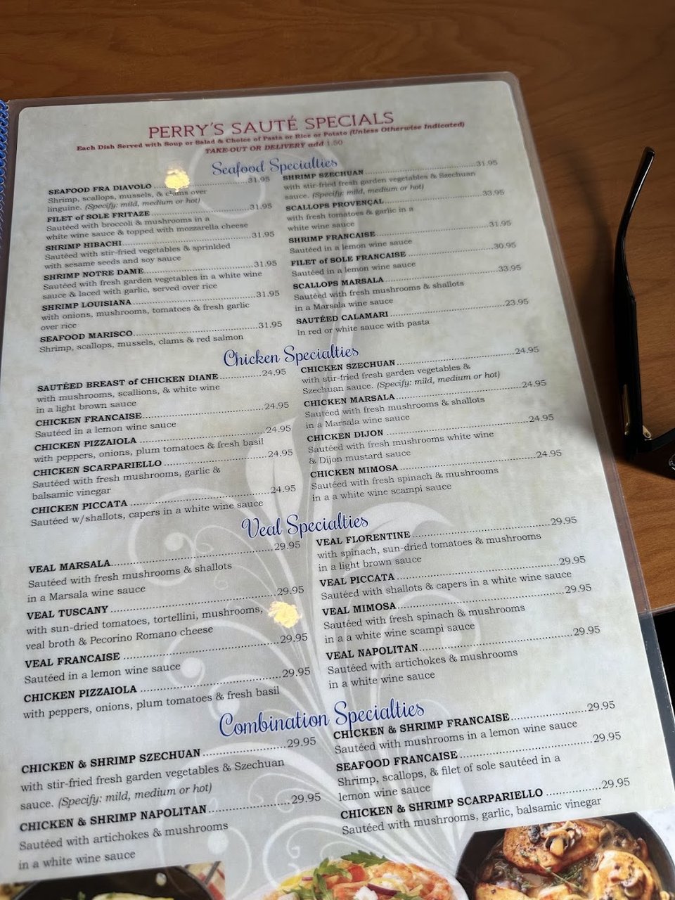 Menu page listing waffles and French toast.