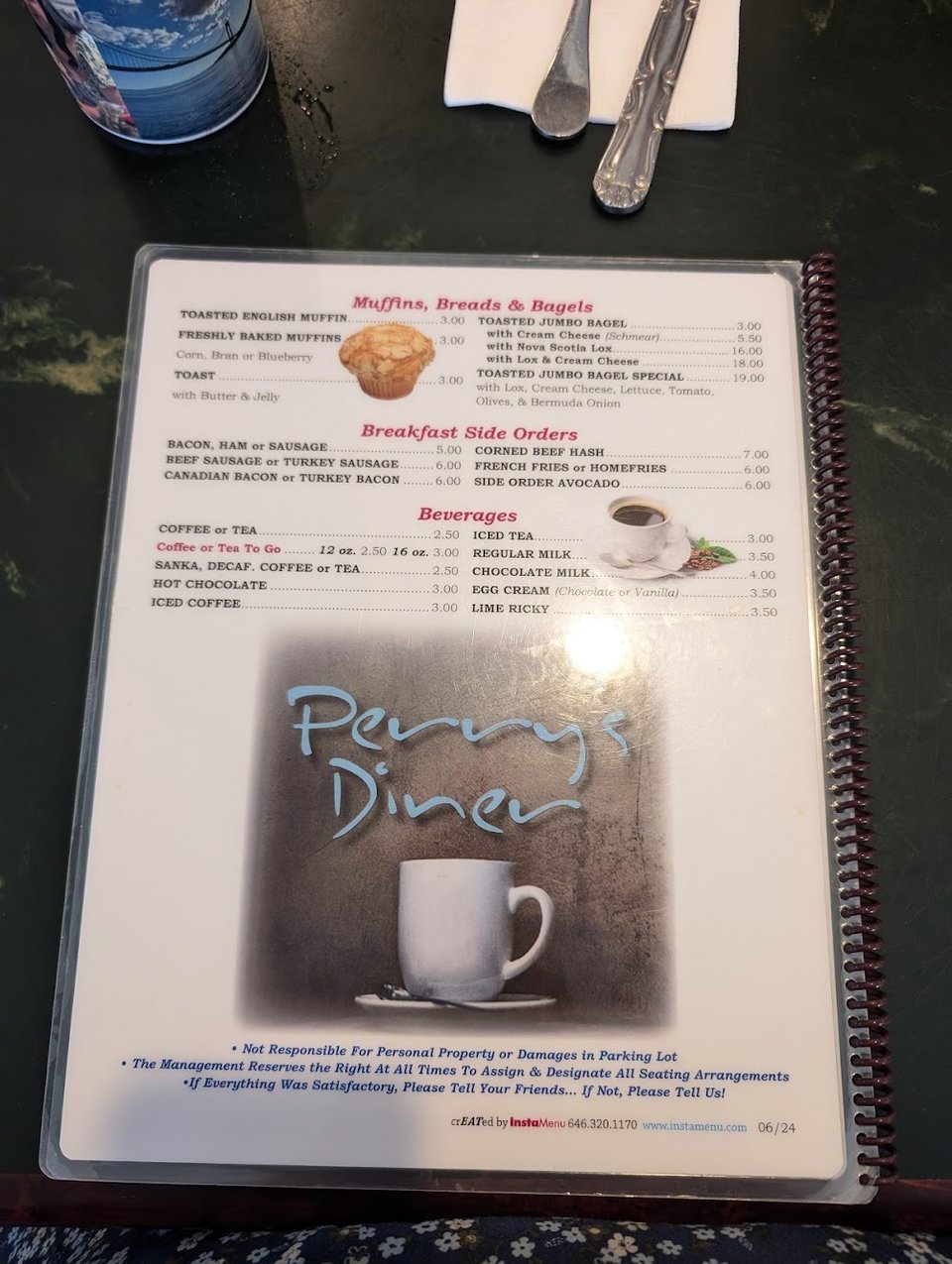 Diner menu with omelettes and griddle cakes.